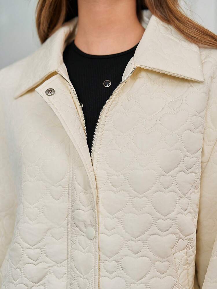 Women's Quilted Heart Pattern Loose Fit Casual Collared Padded Coat With Filling Winter White