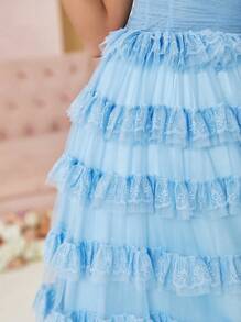 SHEIN Belle Women's 3d Floral Multi-Layer Ruffle Trim See-Through Mesh High Slit Cross-Back Strap Evening Dress - Blue - View 4