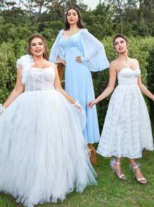 SHEIN Belle Adult Bridesmaid Dress With Layered Ruffle Trim, Ruched Bust And Umbrella Dress Design - Baby Blue - View 8