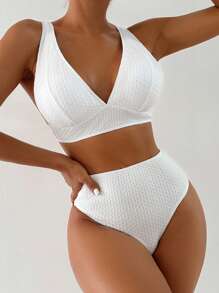 SHEIN Swim Summer Beach Solid Colored Textured Bikini Set - White - View 2