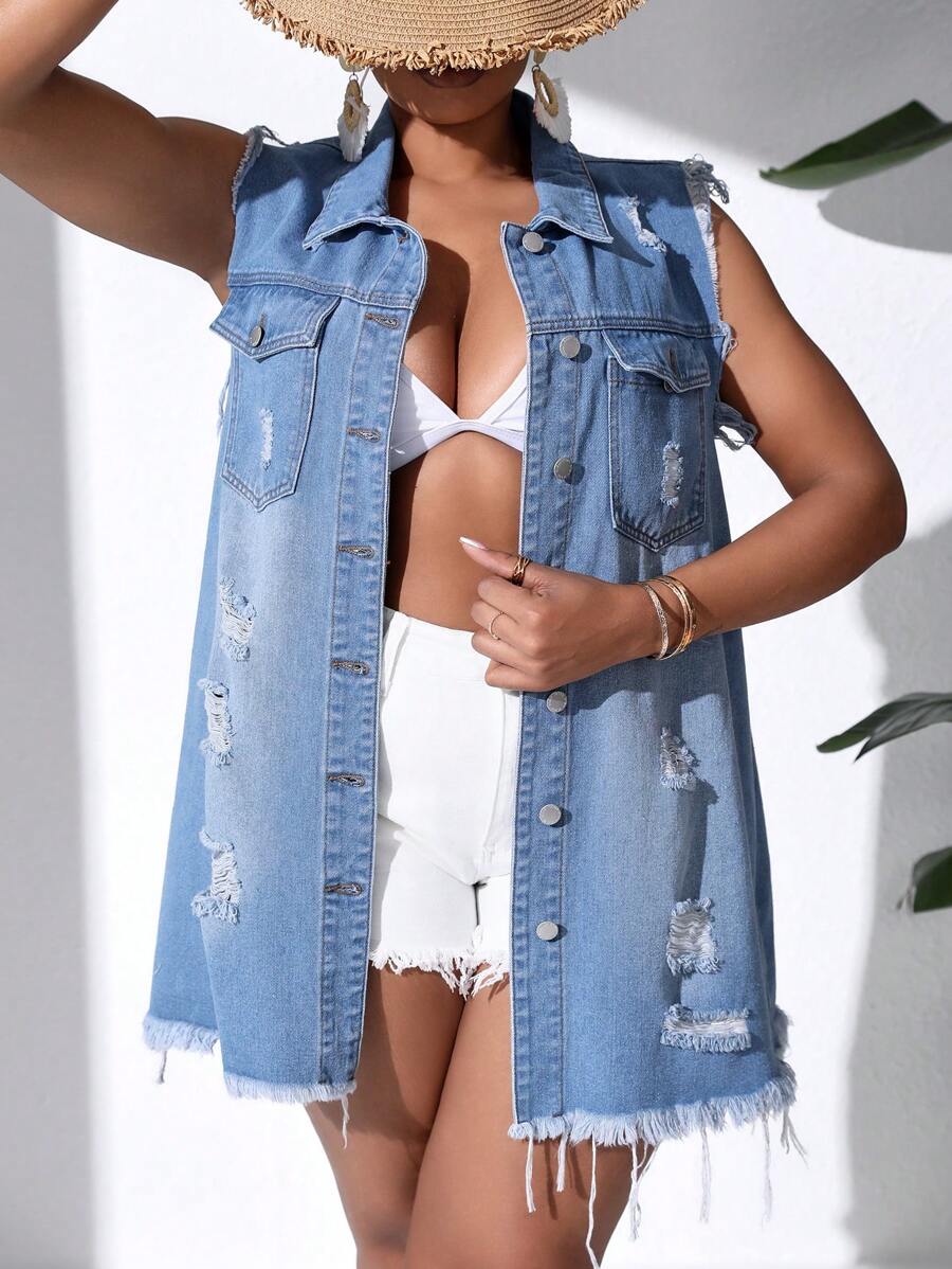 SHEIN SXY Áo khoác denim rách Y2k gợi cảm mùa hè cỡ lớn - Màu xanh lam - Xem 1
