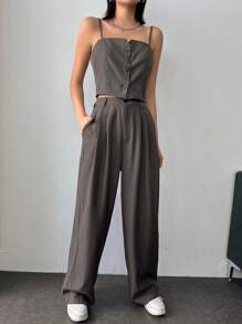 DAZY Button Front Tank Top And High Waist Wide Leg Casual Suit Pants Set