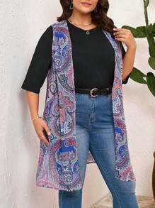 EMERY ROSE Conjunto De Camiseta De Color Sólido De Talla Grande Para Mujer Y Chaleco Impreso, 2 Piezas/set