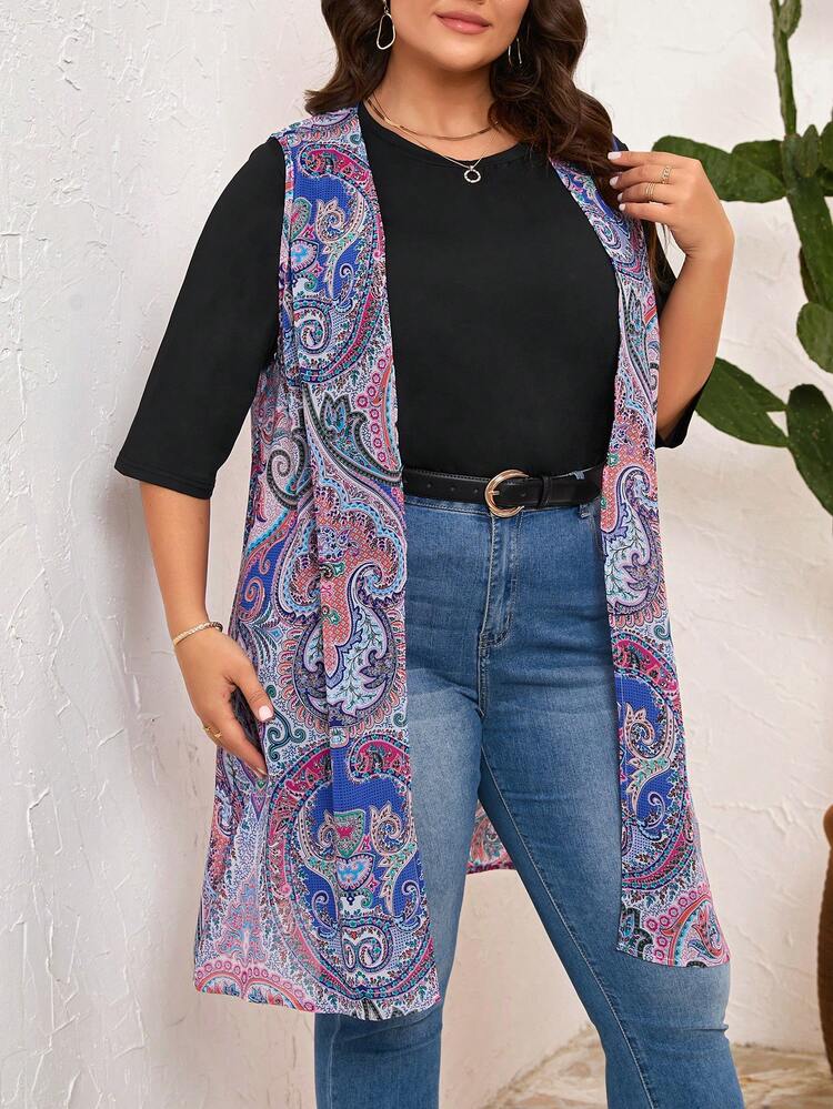 Women's Plus Size Solid Color T-Shirt And Printed Vest Jacket 2pcs/Set
