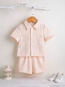 Baby Boys' Spring/Summer Casual Plaid Short Sleeve Shirt And Shorts Set