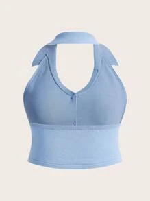 SHEIN Qutie 曲線斜v領針織上衣 - 淺藍色 - 查看 2