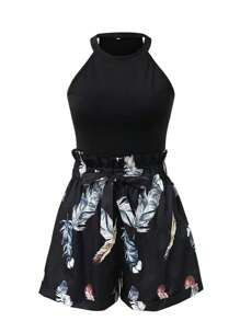 Chiquease 2pcs/Set Solid Color Halter Top And Paper Bag Waist Shorts, With All-Over Print And Random Cut - Black - View 3