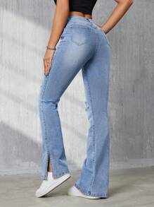 SHEIN Tall High-Waist Flared Jeans With Distressed Details - Light Wash - View 2