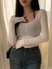 DAZY Của phụ nữ Vòng cổ Tay áo dài Áo Và Halter Neck Áo vest 2 cái/bộ - Đen và trắng - Xem 3