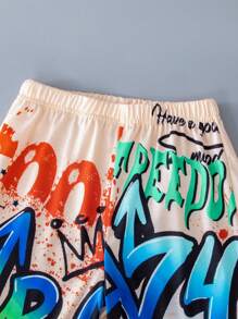 SHEIN Tween Boys' Graffiti & Letter Printed Sweatshirt And Jogger Pants Set - Apricot - View 7