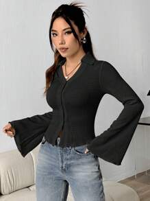 SHEIN Unity Của phụ nữ Textured Vòng cổ Tay áo loe Áo sơ mi - màu đen - Xem 5