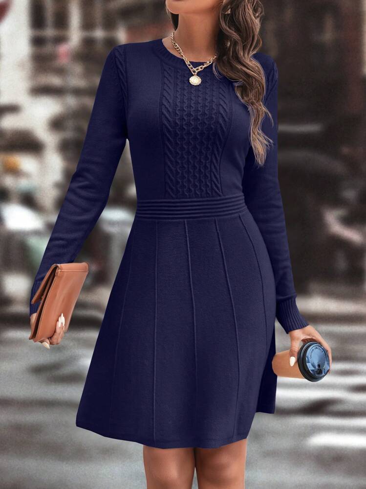 EMERY ROSE Cable Knit Seam Detail Sweater Dress Without Belt - Royal Blue - View 1