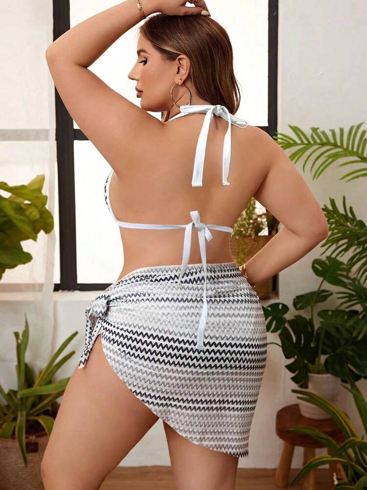 Plus Size Women's Striped Halter Neck Bikini Set With Wave Pattern And Sarong Cover-Up 3pcs/Set Summer Beach