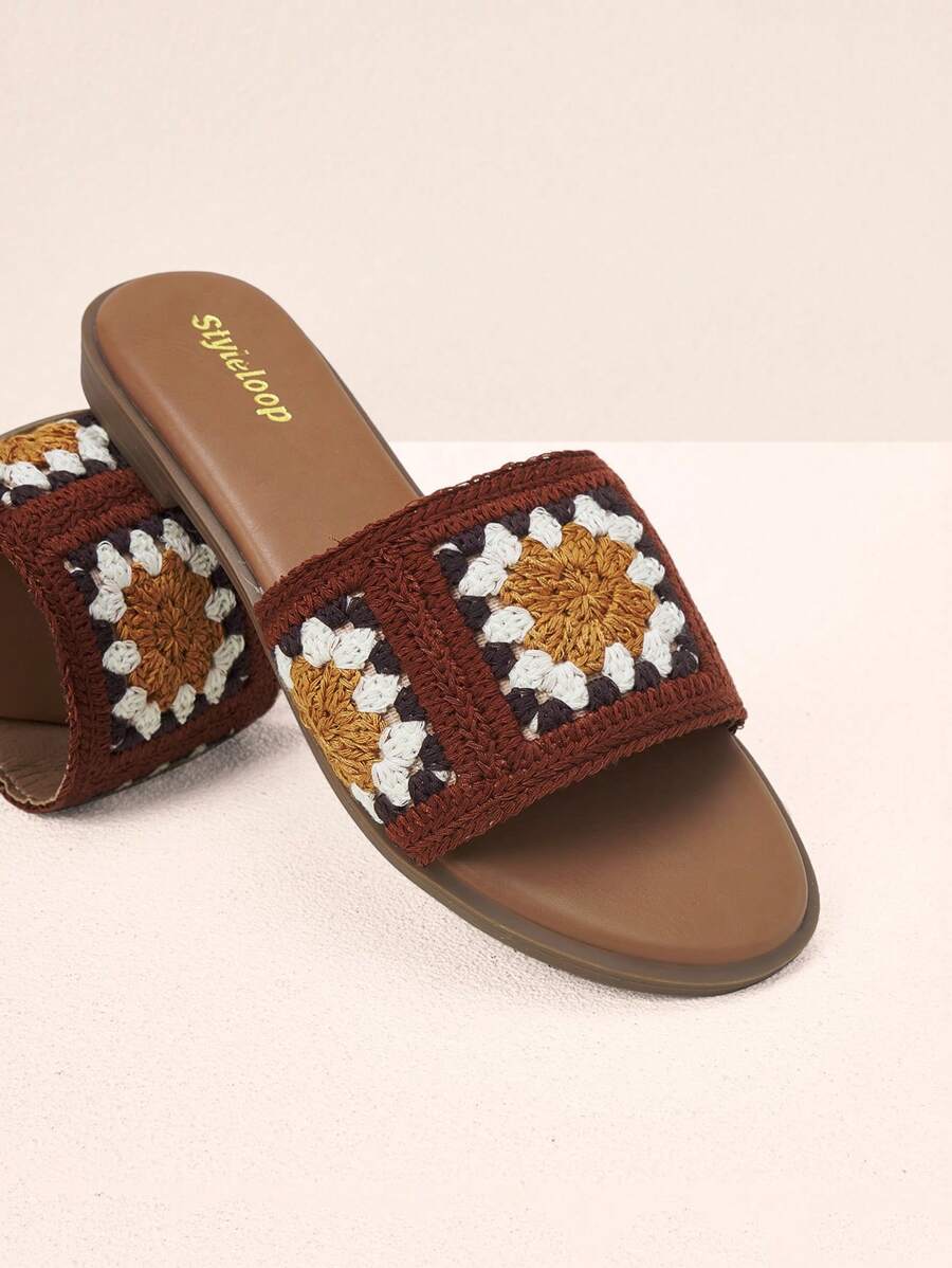 Styleloop Pantuflas planas cómodas de estilo retro para mujer, conjunto de ropa de vacaciones bohemio - Marrón - Ver 1
