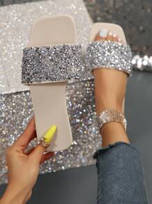 Sandalias De Moda Decoradas Con Piedras De Cristal Para Mujeres, Perfectas Para Los Atuendos De Verano, Diseño Antideslizante Y Con Punta Abierta - Plateado - Ver 1