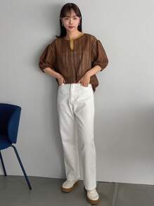 FRIFUL 棕色空心紋路泡泡袖t恤 - 棕色 - 查看 3