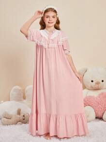 SHEIN Vestido Casual Suelto Para Niña En Edad De Transición Con Estilo De Palace, Encaje Con Parches Y Volantes Para Vestir En Casa - Rosa Pálido - Ver 3