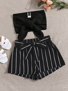 Soleia Women's Front Tie Strapless Top And Striped Woven Shorts Set