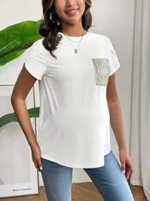 SHEIN Thai sản Lung linh Trang trí bỏ túi Tương phản Màu sắc Bong bóng Tay áo Áo thun - trắng - Xem 4