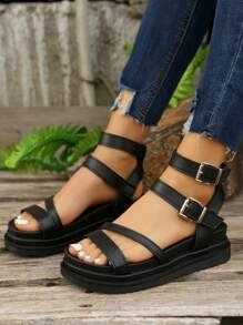 Plus Size Women Leather Buckle Thick Sole Open Toe Casual Fashion Outdoor Beach Summer Sandals - Black - View 1