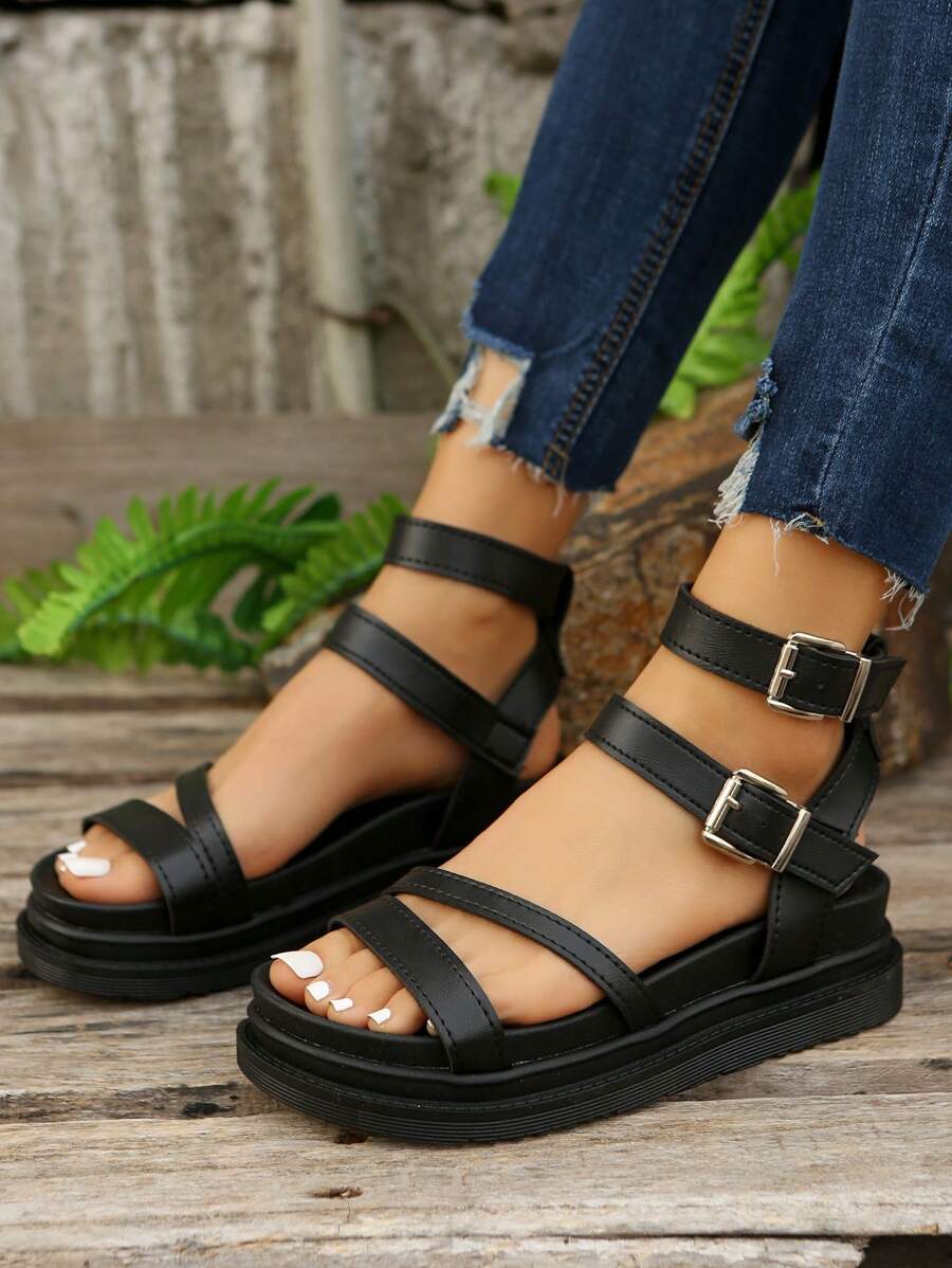 Plus Size Women Leather Buckle Thick Sole Open Toe Casual Fashion Outdoor Beach Summer Sandals - Black - View 1