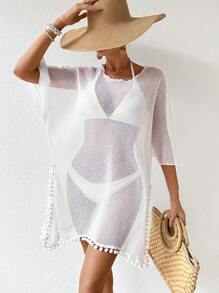 SHEIN Swim 1pc Pom-Pom Color Block Batwing Sleeve Cover-Up Dress Wedding Summer