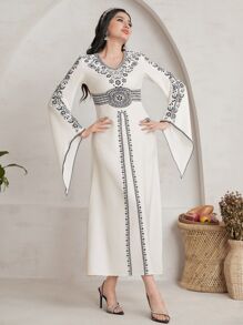 Al Najma Women's V-Neck Asymmetrical Flared Sleeves Dress  Dresses - Apricot - View 3