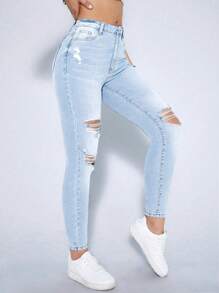 Ripped Skinny Jeans Y2k - Light Wash - View 1