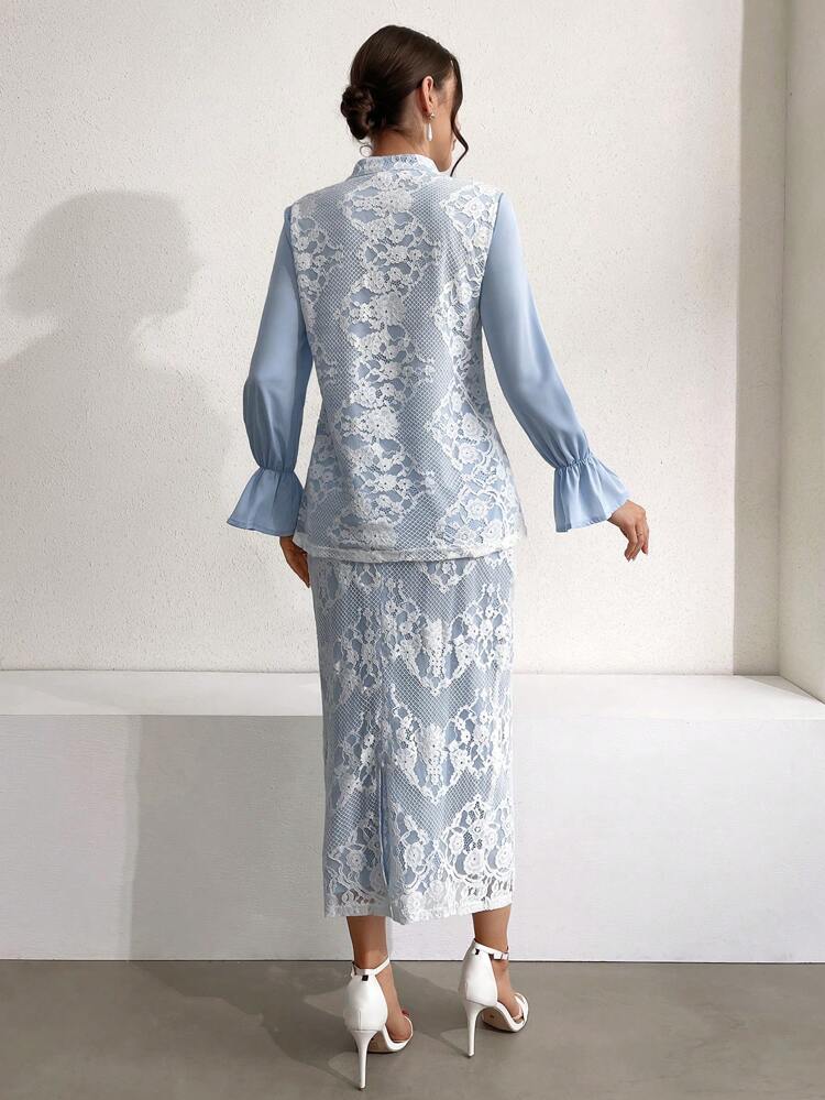 Ladies' Lace Patchwork Cheongsam Collar Slit Back Two Pieces Set 2 Pieces Set Fall Cloth For Women