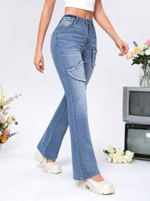 SHEIN MOD Women's Heart Design Frayed Flared Jeans - Light Wash - View 4