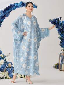 Al Najma Women's Fringed Sleeve Cuff Batwing Sleeve Dress With All-Over Floral Print