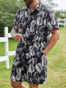 Manfinity Homme Men'S Plus Size Plant Printed Short Sleeve Shirt And Shorts 2pcs/Set