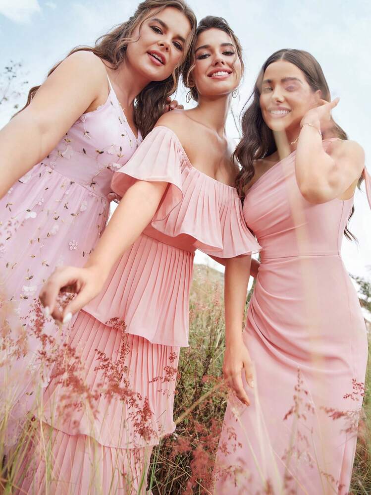 Aureia Vestido de dama de honor para mujer, elegante y romántico, con cuello asimétrico, detalles de frunce, silueta de cola de pez, en color rosa camarón, tono apagado que resalta el significado de felicidad de la novia en la boda. Vestido formal para eventos de gala, graduación, cena y fiesta de boda. - Rosa - Añade 8
