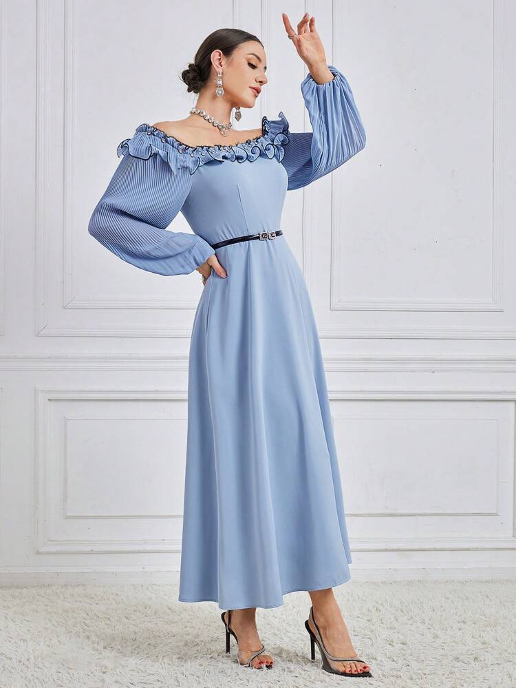 Women's Frill Hem Off Shoulder Long Sleeve Dress,Elegant Evening Party Dress Long Evening Dresses