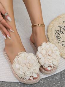 Women Fashion Flat Sandals Beige Flowers Slip On Slides Fashion Sandals For Women Casual Summer Beach Shoes - Beige - View 7