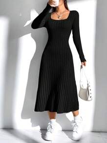 SHEIN EZwear Women'S Solid Color Ribbed Knit Sweater Dress - Black - View 1