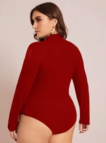 SHEIN Privé 大码女式网眼撞色长袖紧身衣 - 紅色 - 查看 2