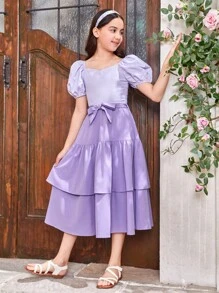 SHEIN Camisa con cuello corazón y mangas abullonadas a rayas, con cinturón desmontable y falda con volantes a juego para niña preadolescente (se venden por separado 2 conjuntos a juego mamá e hija)