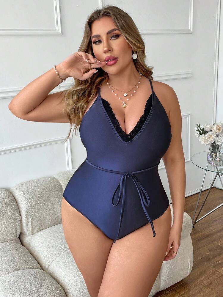 Plus Size One-Piece Lace Swimsuit With Floral Edge Wedding Summer