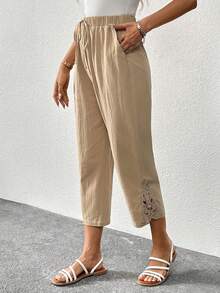 SHEIN LUNE Casual Lace Cuff Slant Pocket Pants - Khaki - View 3