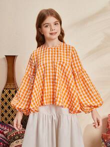 SHEIN Camisa De Cuadros De Línea A Vintage Suelta Para Niñas - Naranja - Ver 3
