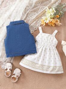 2pcs/Set Spring Summer Baby Girls' Festival Print Dress And Washed Denim Vest Fashionable Baby Girl Outfit - White - View 2