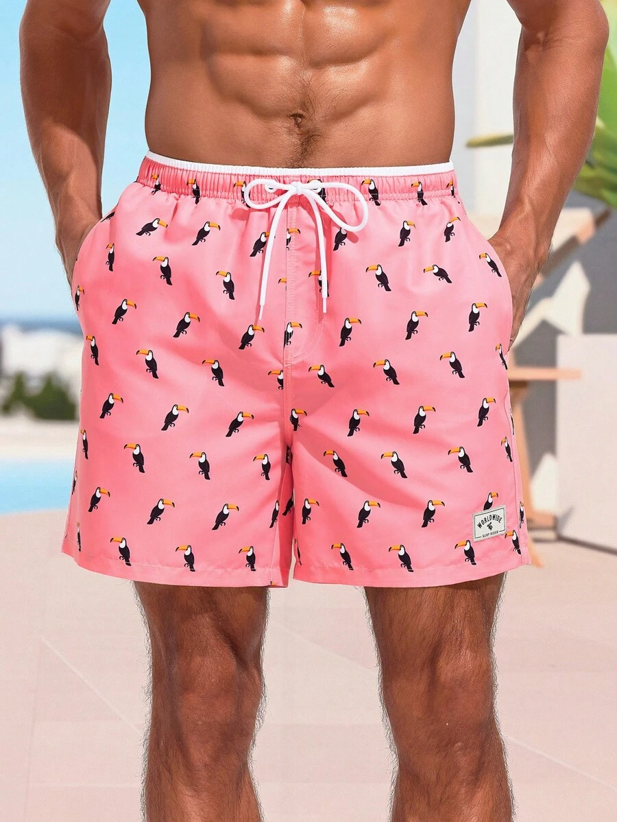 Surfspeed Men's Bird Print Drawstring Waist Beach Shorts - Pink - View 1