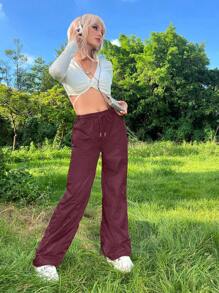 EURMUSE Solid Drawstring Waist Pants - Chocolate Brown - View 3
