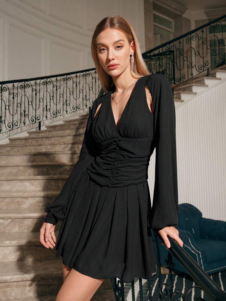 Women's V-Neck Lantern Sleeve Pleated Dress