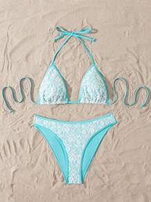 Swim Mod Summer Floral Lace Bikini Swimwear Set - Blue - View 3