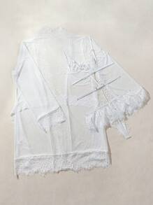 Spicy Aura Women's White Sheer Polyester Spaghetti Strap Sexy Lingerie Set With Lace Details - White - View 2