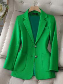 SHEIN Clasi Women's Solid Color Notched Lapel Single Breasted Blazer Jacket - Green - View 3