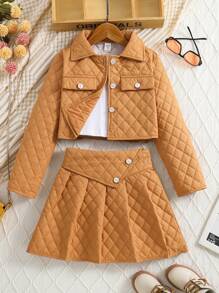 SHEIN Tween Girls' Solid Color 2-Piece Set - Brown - View 1