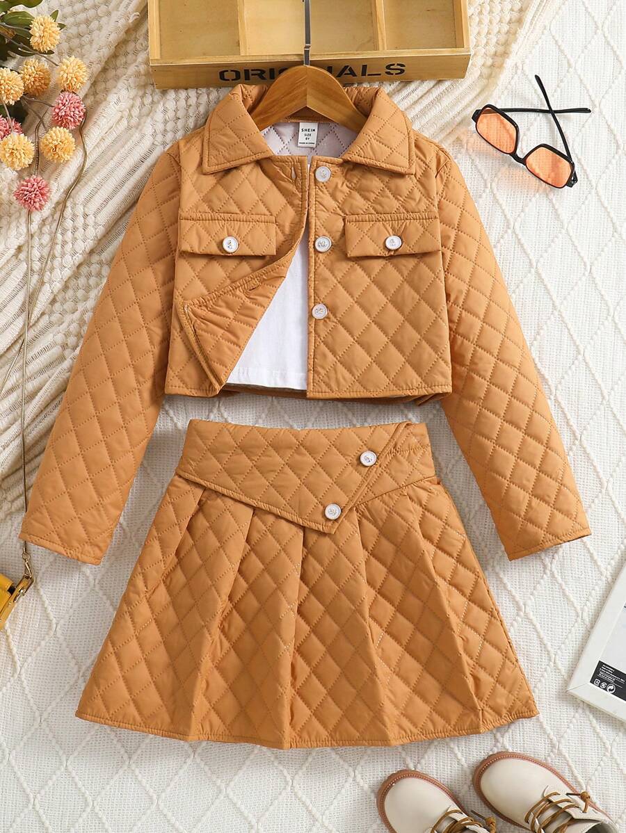 SHEIN Tween Girls' Solid Color 2-Piece Set - Brown - View 1